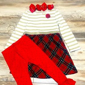 Girl Gold stripe and multi color top and matching red bell bottom pant set!